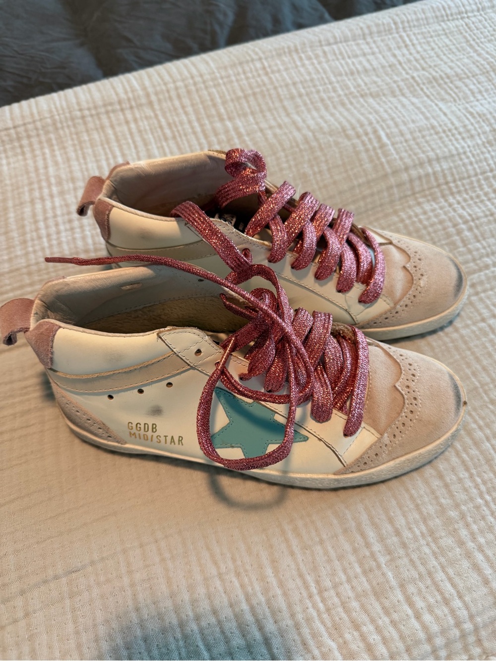 Golden Goose Mid Star White Sneakers with Pink Laces and Blue Star